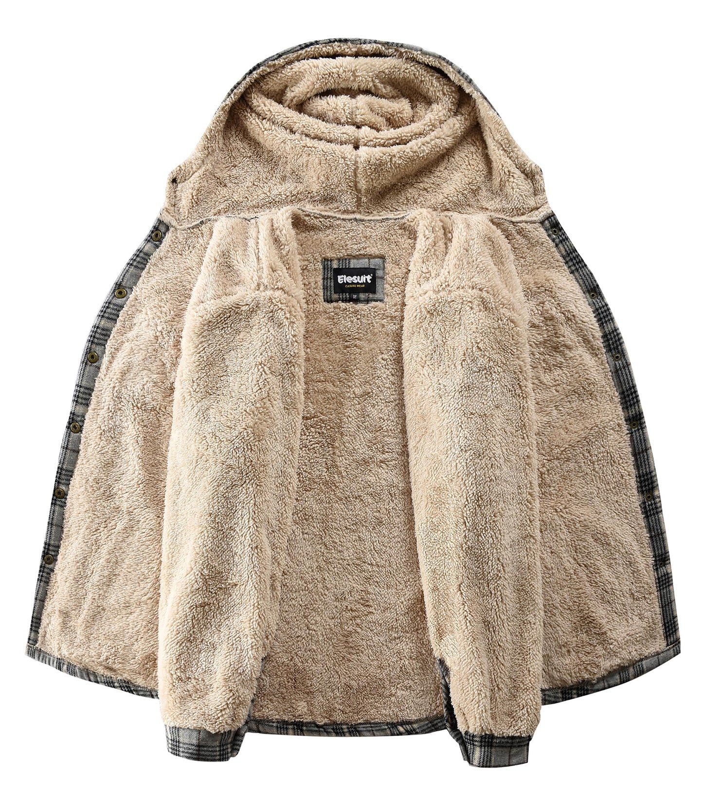 Elesuit Women's Fleece Flannel Jacket Plaid Sherpa Lined Jacket Long Sleeve Button Down Hooded Jackets for Women Grey Black X-large
