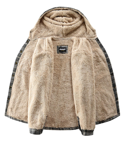 Elesuit Women's Fleece Flannel Jacket Plaid Sherpa Lined Jacket Long Sleeve Button Down Hooded Jackets for Women Grey Black X-large