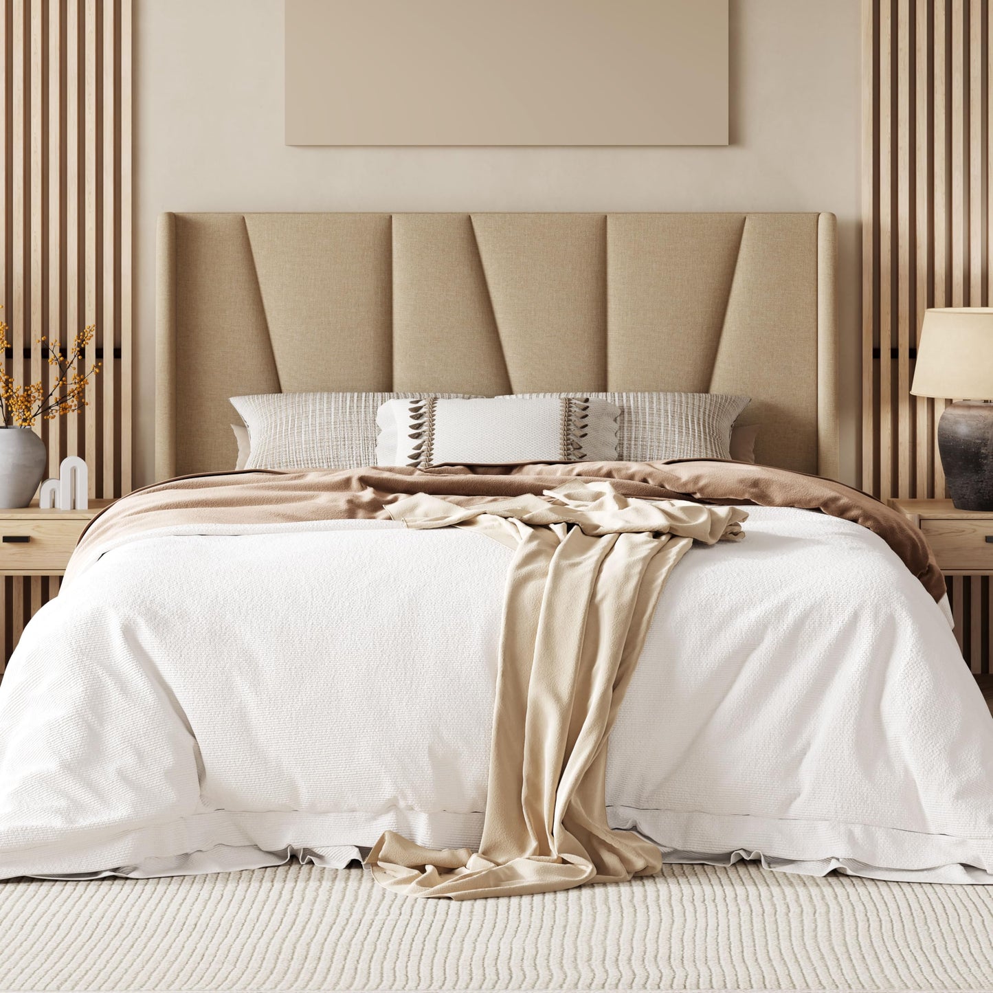 Allewie Queen Size Platform Bed Frame with Geometric Wingback Headboard, Modern Upholstered Bed with Wooden Slats Support, No Box Spring Needed, Easy Assembly, Beige