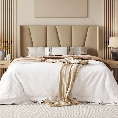Allewie Queen Size Platform Bed Frame with Geometric Wingback Headboard, Modern Upholstered Bed with Wooden Slats Support, No Box Spring Needed, Easy Assembly, Beige