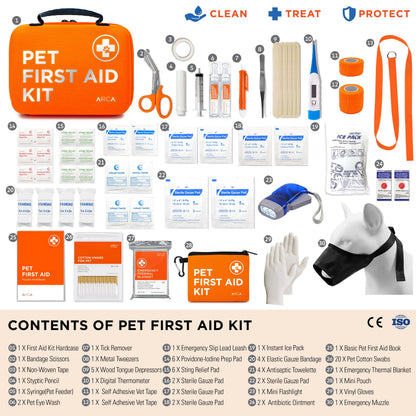 ARCA PET Dog First Aid Kit | Vet Approved Dog & Cat Emergency Supplies with Thermometer, Muzzle, Tick Removal, Flashlight, Mini Pouch, and Comprehensive Care Guide for Travel and Outdoor Use