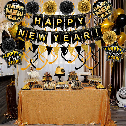 Brand:Oh baby,HAPPY NEW YEAR Paper Banner Triangle Flag Bunting Pom poms Swirl Streamers Aluminum foil balloons for New year Party Decorations