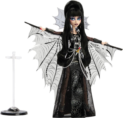 Monster High Doll, Elvira, Mistress of The Dark Collectible in Black Faux Leather Dress with Silvery Batwing Cape and Premium Accessories (Amazon Exclusive)