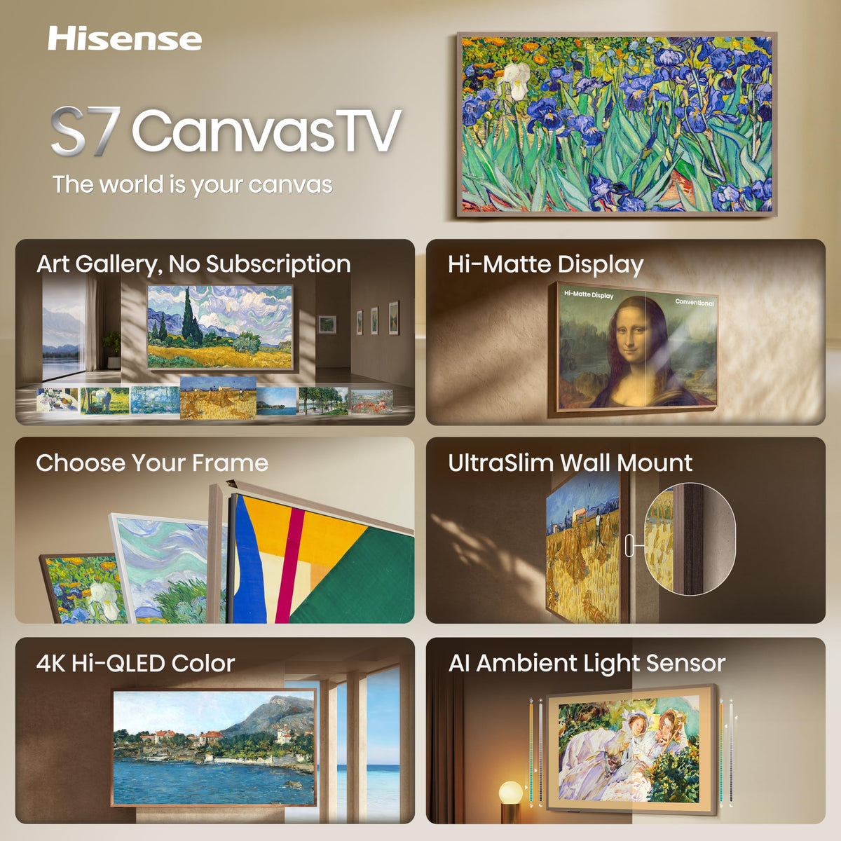 Hisense 75“ Hi-QLED S7 CanvasTV Series 4K UHD Google Smart Art TV (75S7SG, 2026 New) - 144Hz, Art Mode, Anti-Glare Panel, Dolby Vision HDR, Hi-Matte Display, Frame & UltraSlim Wall Mount Included