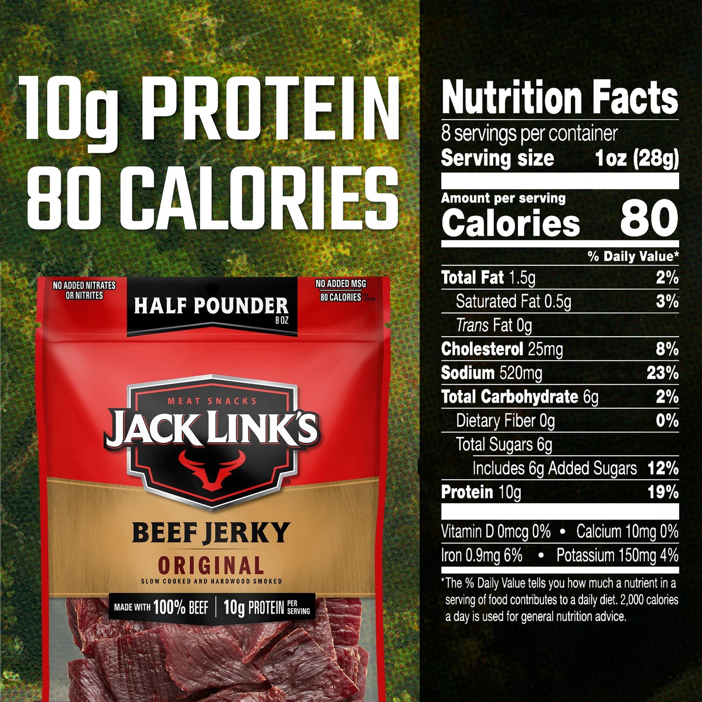 Jack Link's Beef Jerky, Original, 1/2 Pounder Bag - Flavorful Meat Snack, 10g of Protein and 80 Calories, Made with Premium Beef - 96% Fat Free, No Added MSG** or Nitrates/Nitrites, 8oz