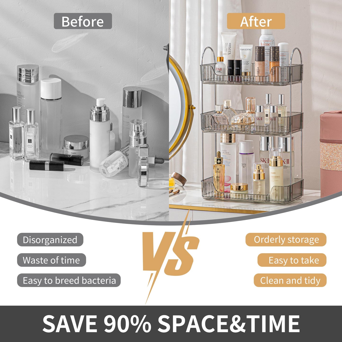 Akinbas 3 Tier Bathroom Organizer Countertop Makeup Perfume Tray Skincare Organizer for Bathroom Dresser Vanity (Grey)