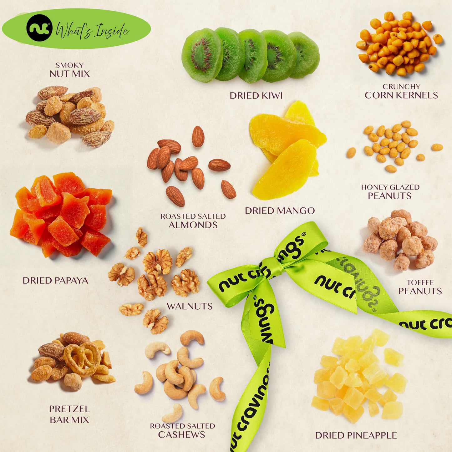 NUT CRAVINGS - Holiday Christmas Dried Fruit & Mixed Nuts Gift Basket in Reusable Wooden Tray + Ribbon (12 Assortments) Xmas Treats for Adults, Food Arrangement, Healthy Snack Care Package, Kosher