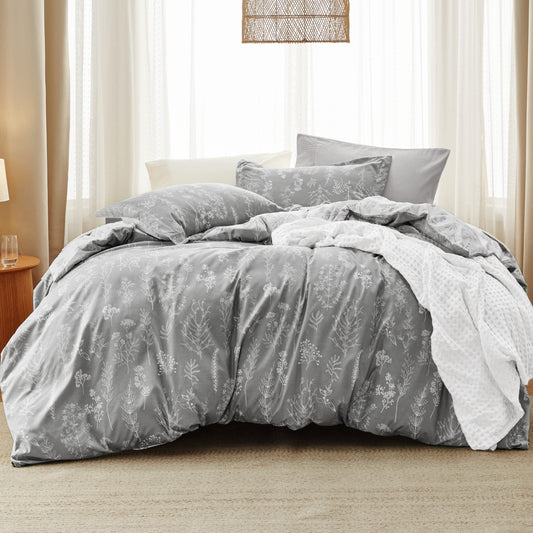 Bedsure Queen Comforter Set - Grey Comforter, Cute Floral Bedding Comforter Sets, 3 Pieces, 1 Soft Reversible Botanical Flowers Comforter and 2 Pillow Shams