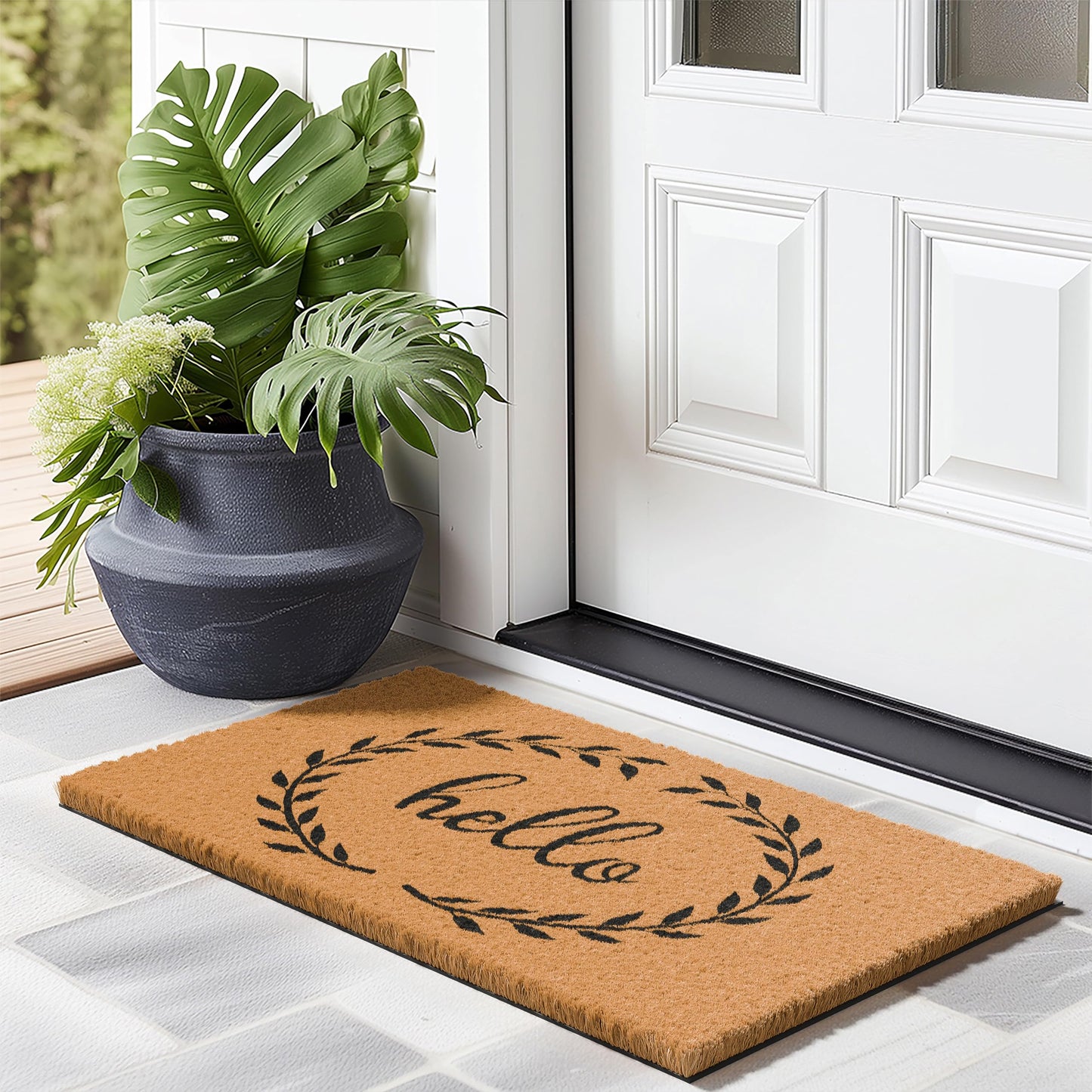 Barnyard Designs Natural Coco Coir Heavy Duty Backing Doormat - Large Cute Non-Slip Front Door Welcome Mat for Outside Entrance or Porch Entry, Brown (17x30, Hello Wreath)