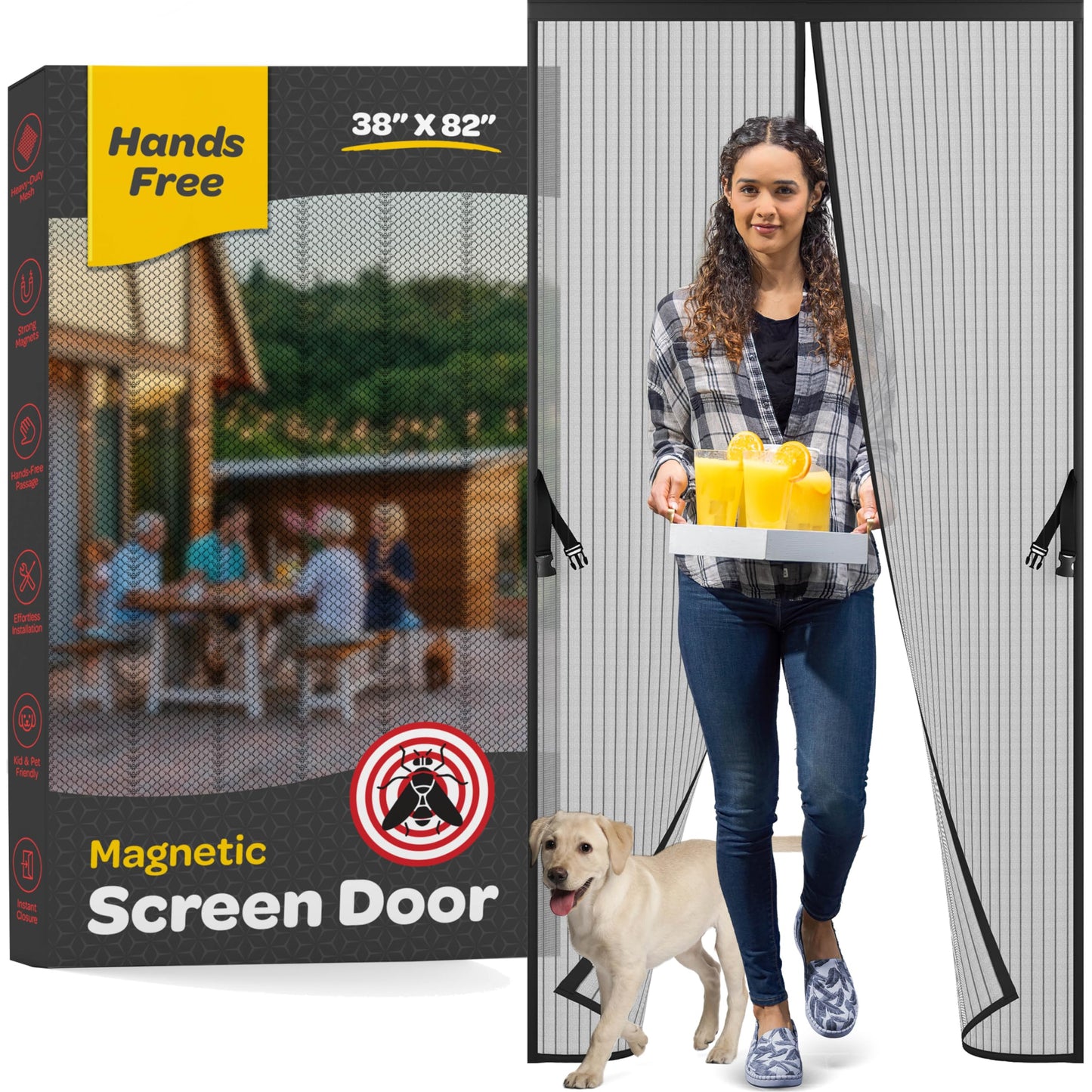 Magnetic Screen Door, Hands-Free Kid/Pet-Friendly Walk Through - Self Magnetic Closure Screen Door Mesh, Stay-Open Option with Buckles - Keeps Bugs Out Lets Breeze in, Fits Door Size (38" x 83")