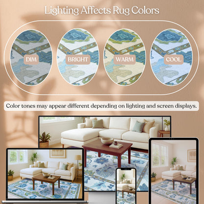 Fame Living Green Oushak Rug, Modern, Vintage, Turkish, Eclectic, Floral, Pastel, Washable, Area Rugs for Living Room, Dining, Bedroom, Nursery, Girls, Boys, 5'9"x8'9"