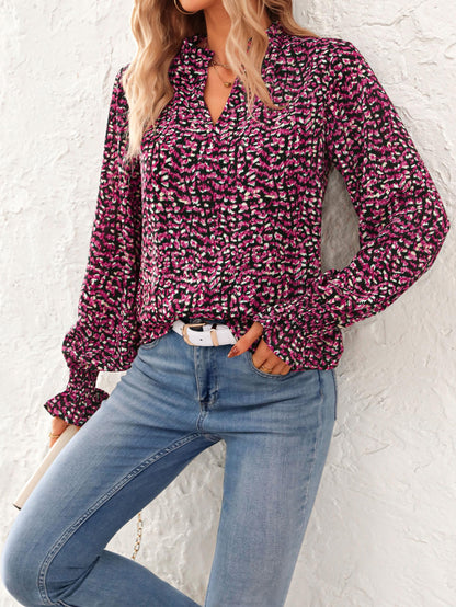 MASCOMODA Womens V Neck Floral Long Sleeve Tops 2024 Summer Casual Loose Puff Sleeve Chiffon Boho Work Blouse Dressy T Shirts(Floral Black Red,Small)