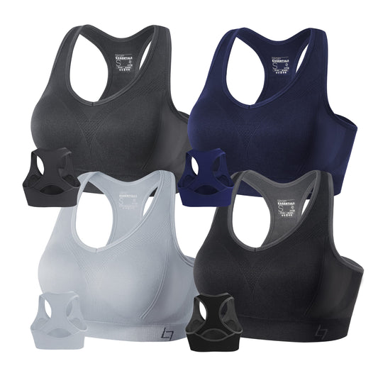 FITTIN Racerback Sports Bras for Women Pack of 4- Padded Seamless High Impact Support for Yoga Gym Workout Fitness XL