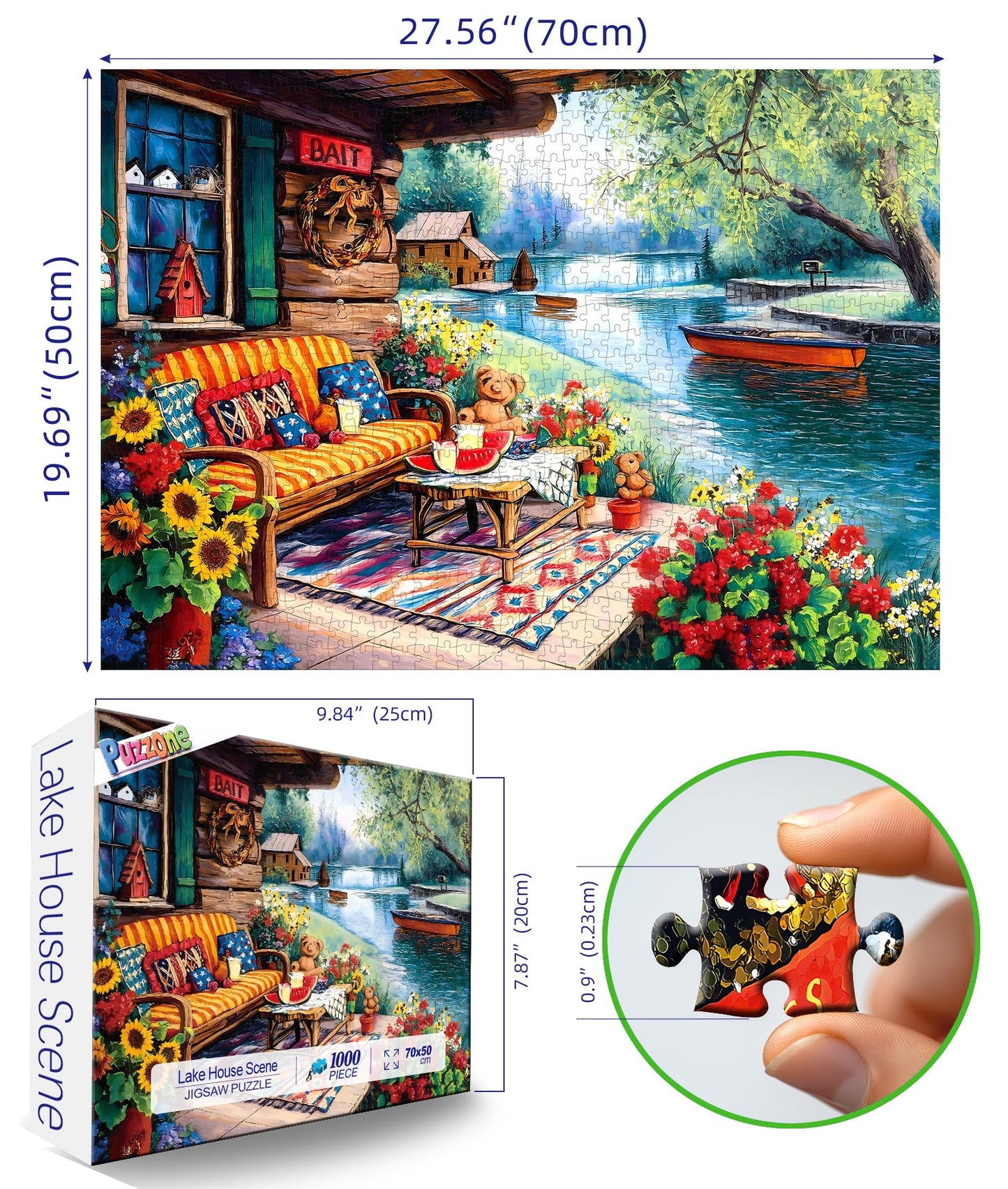 Lake House 1000 Piece Puzzle for Adults Summer Lakeside Retreat Jigsaw Puzzle Cozy Cabin Dock Sunflowers Boat Beautiful Landscape Challenging Adult Puzzles for Game Night (27.6"x19.7")