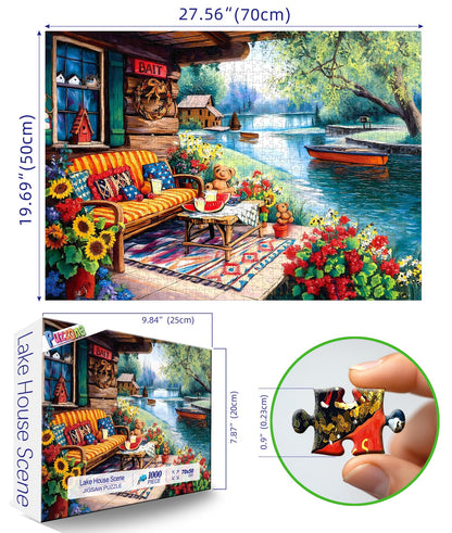 Lake House 1000 Piece Puzzle for Adults Summer Lakeside Retreat Jigsaw Puzzle Cozy Cabin Dock Sunflowers Boat Beautiful Landscape Challenging Adult Puzzles for Game Night (27.6"x19.7")