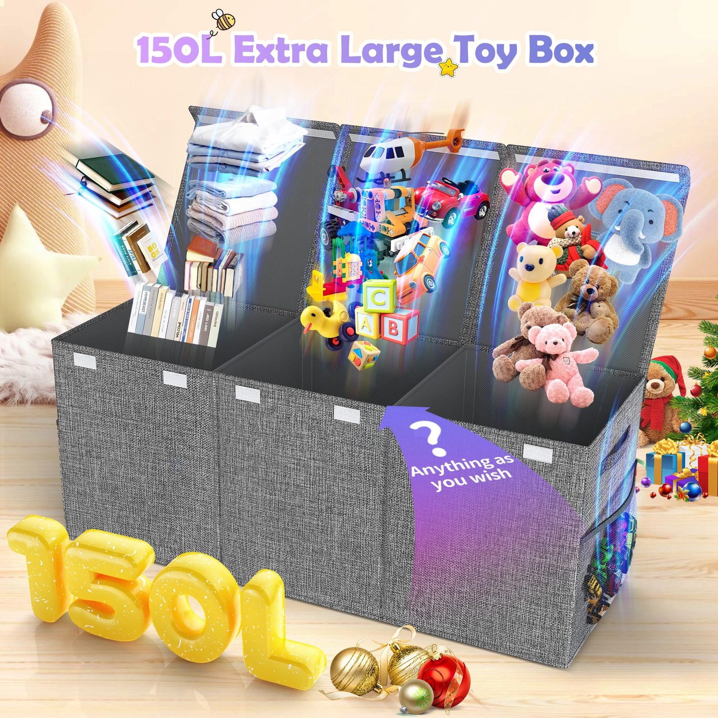Mabahoo Extra Large Toy Box Chest with Lids, Collapsible Sturdy Kids Toy Storage Organizer Boxes for Boys Girls, 40"x14"x16", Toybox Storage Bins Basket for Living Room, Bedroom, Nursery, Gray