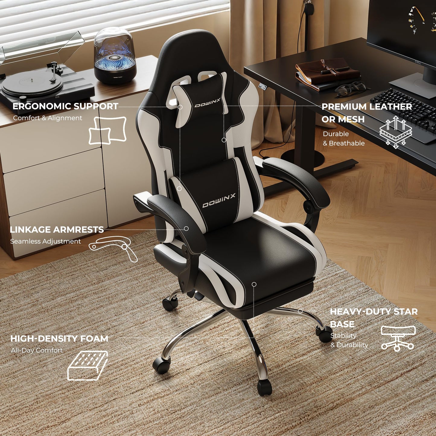 Ergonomic Gaming Chair with Footrest, Heavy Duty 330lbs Office Chair, Massage Lumbar Support, Adjustable Height & Headrest Pillow, Comfortable for Back Pain Relief, Streaming, Long Gaming, White