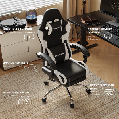 Ergonomic Gaming Chair with Footrest, Heavy Duty 330lbs Office Chair, Massage Lumbar Support, Adjustable Height & Headrest Pillow, Comfortable for Back Pain Relief, Streaming, Long Gaming, White