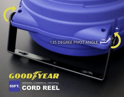 Goodyear Extension Cord Reel Retractable 16AWG x 50' Foot 3C/SJTOW Commercial Cable LED Triple Tap Connector Power 10A 125VAC 938W