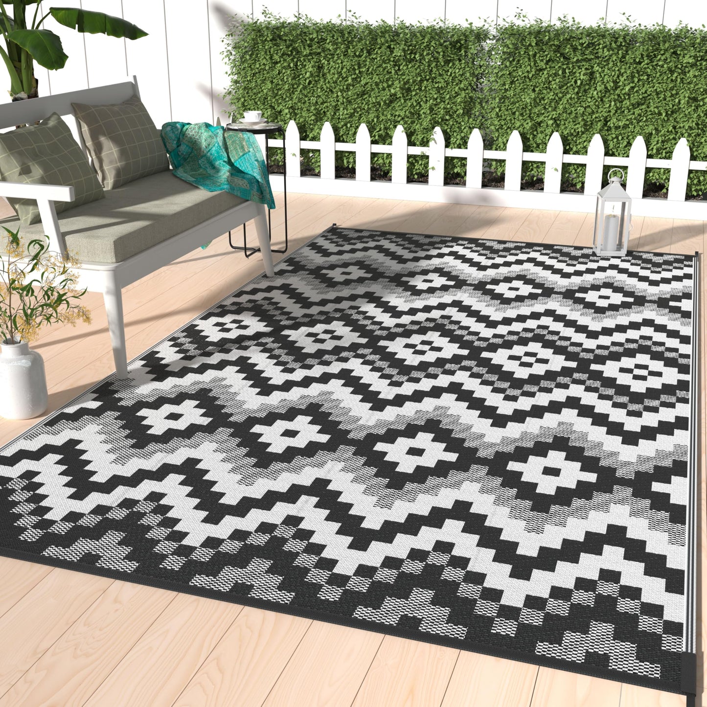 GENIMO Outdoor Rug Waterproof 5x8 ft, Lightweight Plastic Straw Rugs, Outside Reversible Area Mat Carpet for Patio, Camping, RV, Deck, Balcony, Porch, Backyard, Black & White