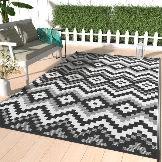 GENIMO Outdoor Rug Waterproof 5x8 ft, Lightweight Plastic Straw Rugs, Outside Reversible Area Mat Carpet for Patio, Camping, RV, Deck, Balcony, Porch, Backyard, Black & White