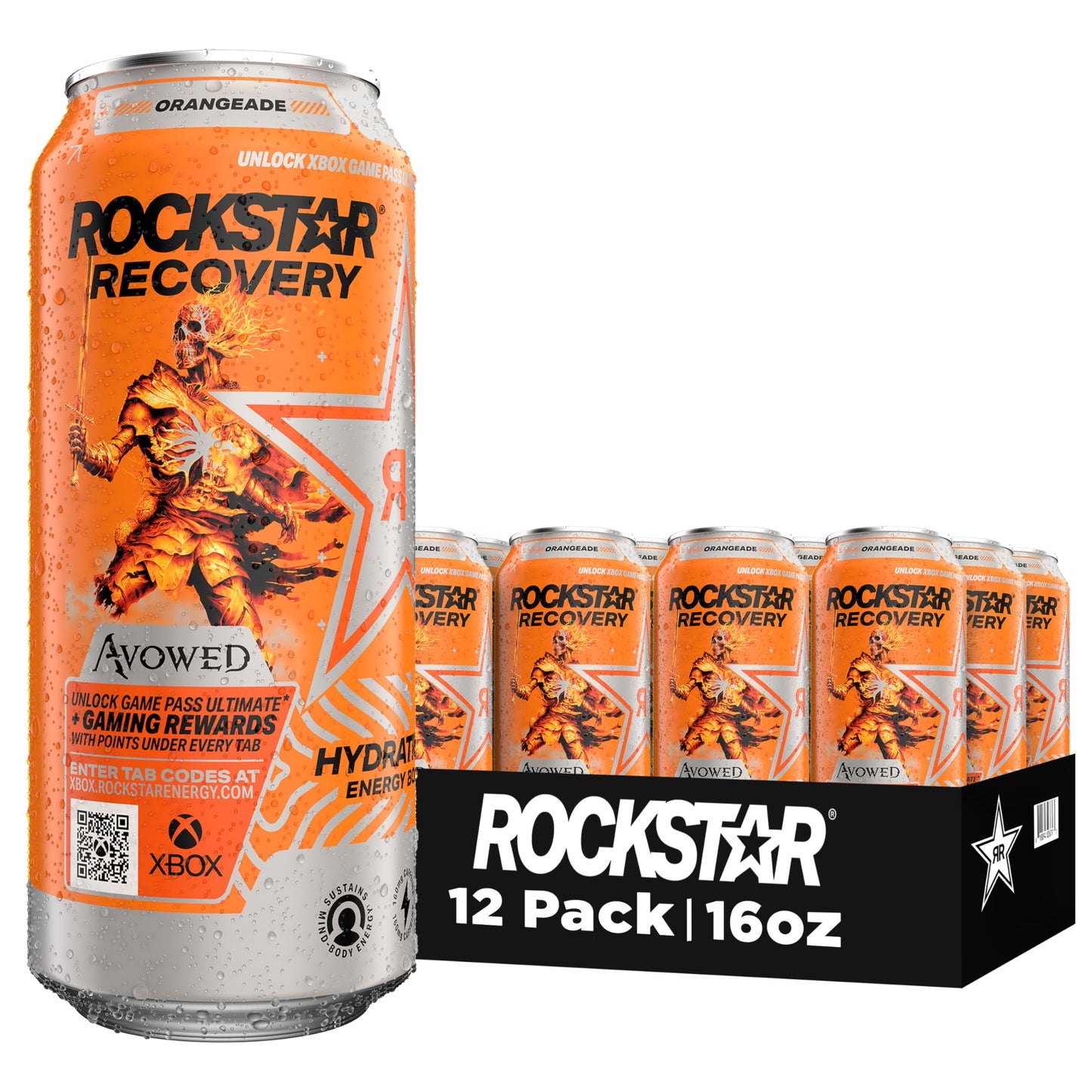 Rockstar Energy Drink with Caffeine Taurine and Electrolytes, Recovery Orange, 16 Fl Oz (Pack of 12)