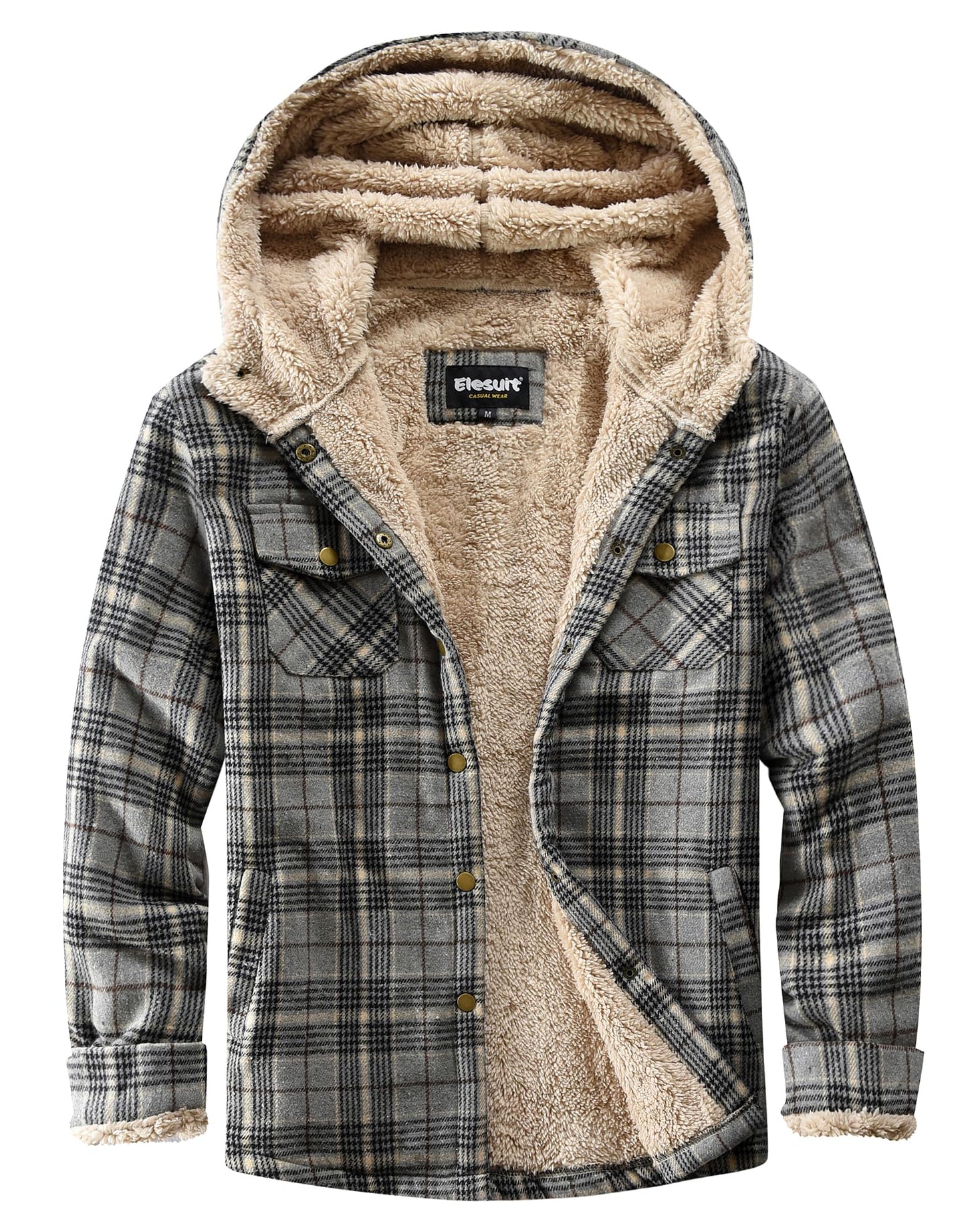 Elesuit Women's Fleece Flannel Jacket Plaid Sherpa Lined Jacket Long Sleeve Button Down Hooded Jackets for Women Grey Black X-large