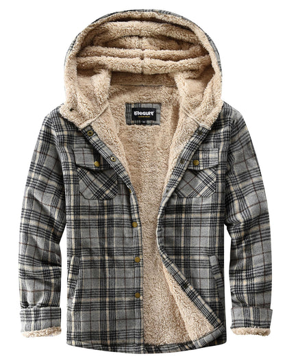 Elesuit Women's Fleece Flannel Jacket Plaid Sherpa Lined Jacket Long Sleeve Button Down Hooded Jackets for Women Grey Black X-large