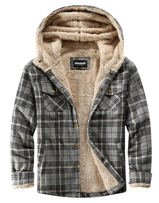 Elesuit Women's Fleece Flannel Jacket Plaid Sherpa Lined Jacket Long Sleeve Button Down Hooded Jackets for Women Grey Black X-large