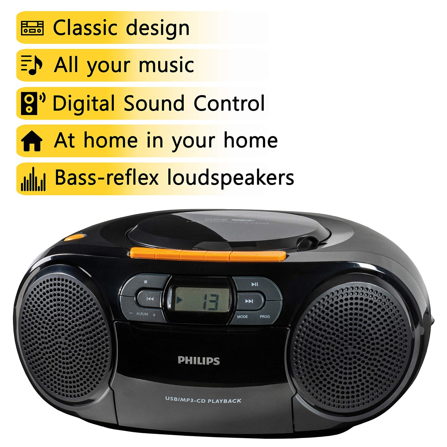 Philips Portable CD Player Boombox - Portable MP3 Player and Cassette Tape Player, Boom Box Compact Stereo Sound System with Dynamic Bass Boost, Take Your Music Outside with USB HiFi Music Player
