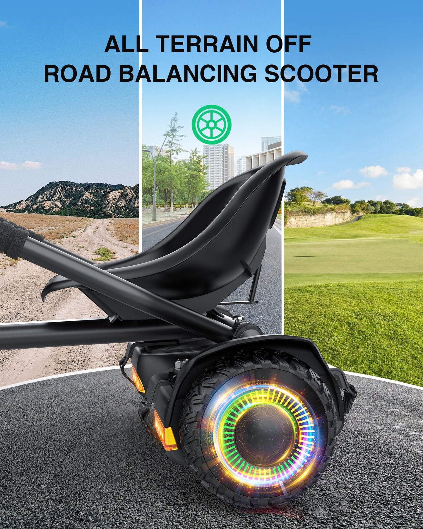 Gyroor Scooter with Adjustable Seat Attachment, 6.5" All-Terrain Self Balancing Scooter, 500W Motor, LED Lights & Bluetooth for Kids and Adults, Black