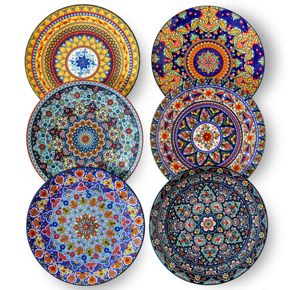 glowworm Dinner Plates, 10.5 Inch Ceramic Plates Set of 6 for Steak, Snacks, Pizza, Cake, Colorful Serving Dishes for Kitchen, Microwave, Oven & Dishwasher Safe, Bohemian