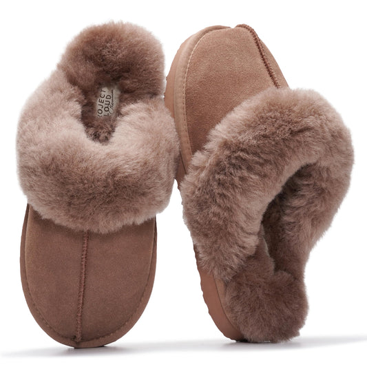 Project Cloud 100% Genuine Leather Slippers for Women Footwear with Genuine Fur Lining Womens Clogs & Mule - Non-Slip Indoor/Outdoor Scuff Womens Slippers with Memory Foam Insole(Henka,CMLSUEDE,7)
