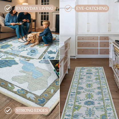 Fame Living Green Oushak Rug, Modern, Vintage, Turkish, Eclectic, Floral, Pastel, Washable, Area Rugs for Living Room, Dining, Bedroom, Nursery, Girls, Boys, 5'9"x8'9"