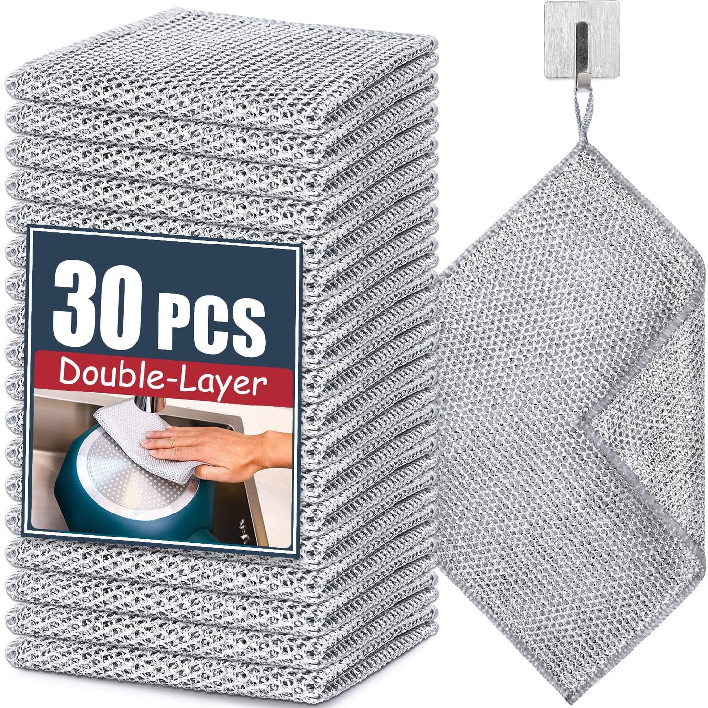Navona 30 Pcs New Upgrade Steel Wire Dishcloth,Double-Layer Steel Wire Cleaning Cloth,Powerful Cleaning Non-Scratch Wire Dishcloth Rag for Cookware, Sinks, Dishes, Stove Tops
