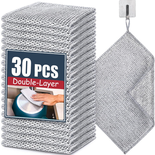 Navona 30 Pcs New Upgrade Steel Wire Dishcloth,Double-Layer Steel Wire Cleaning Cloth,Powerful Cleaning Non-Scratch Wire Dishcloth Rag for Cookware, Sinks, Dishes, Stove Tops