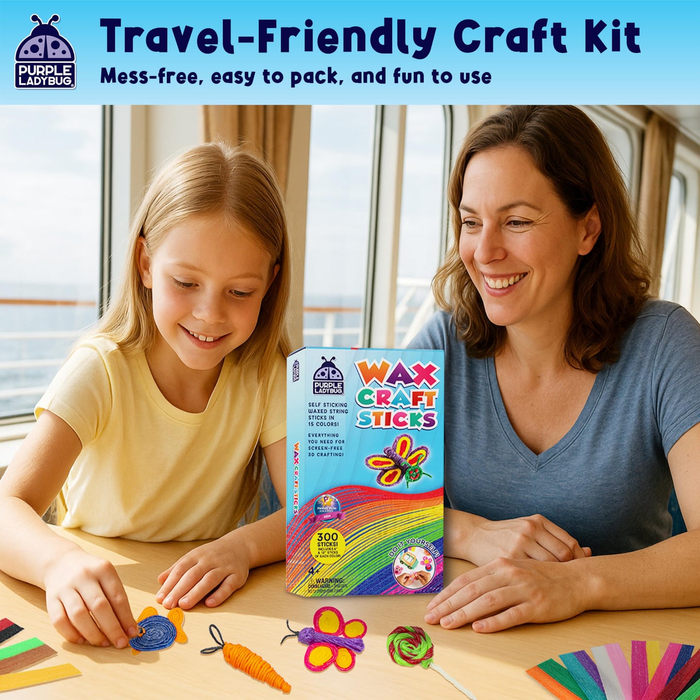 PURPLE LADYBUG Bendable Wax Craft Sticks for Kids - Christmas Stocking Stuffers, Camping Essentials, Road Trip Activities, Travel Toys for Toddlers in Car, Airplane & Restaurant - 15 Colors, 300 Pcs