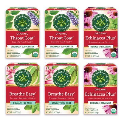 Traditional Medicinals Tea, Organic Seasonal Care Variety Pack, Throat Coat, Echinacea, Breathe Easy with Eucalyptus to Support Respiratory Health, 96 Tea Bags, (6 Pack)