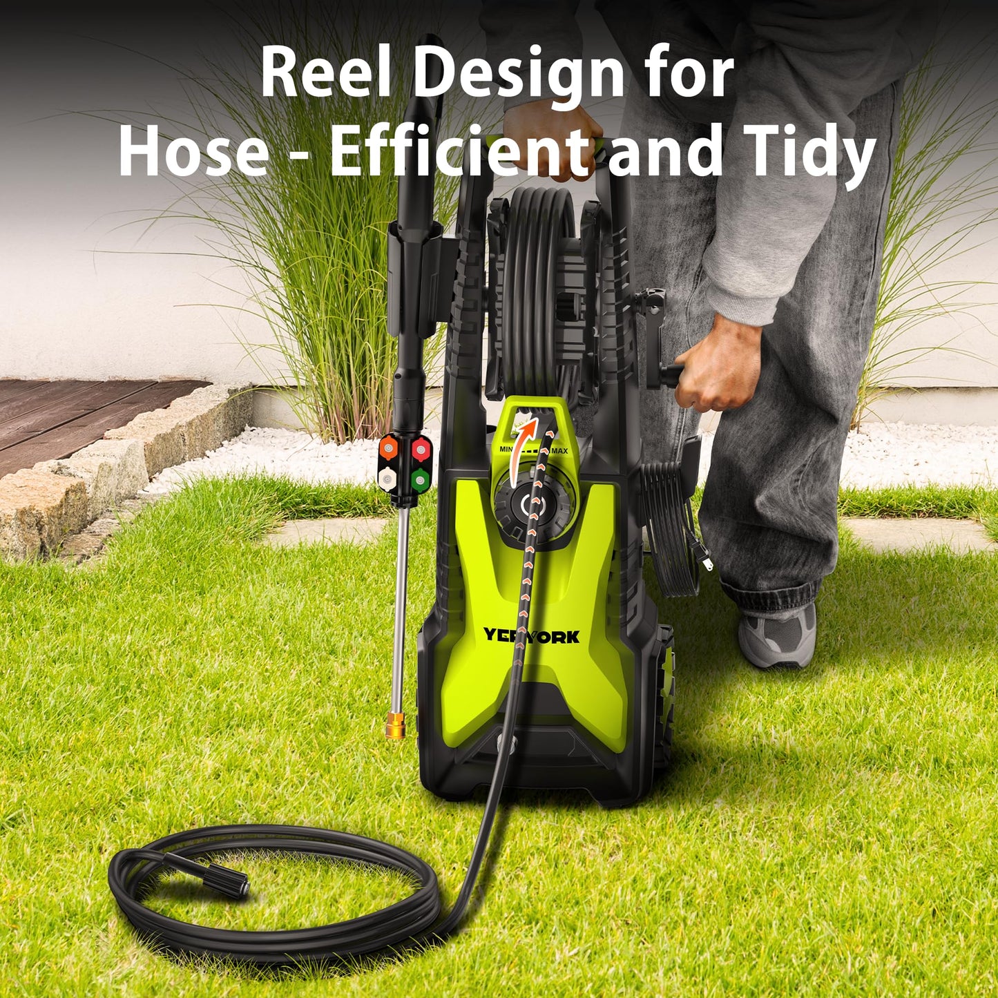 YERYORK Pressure Washer, Adjustable 5000 Max PSI 2.5 Max GPM, Power Washer with 33 FT Hose Reel, Steel Wand, 500ml Foam Cannon, 4-Nozzle Set, Electric Pressure Washer for Cars, Fences, Patios