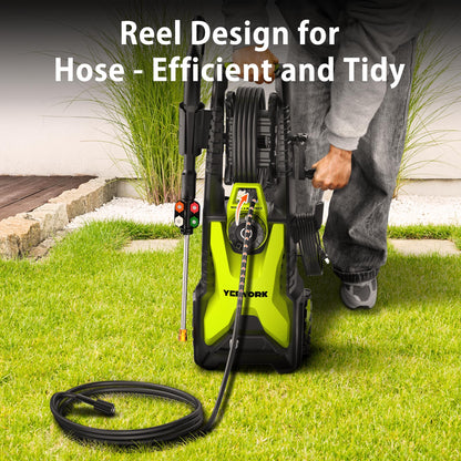 YERYORK Pressure Washer, Adjustable 5000 Max PSI 2.5 Max GPM, Power Washer with 33 FT Hose Reel, Steel Wand, 500ml Foam Cannon, 4-Nozzle Set, Electric Pressure Washer for Cars, Fences, Patios