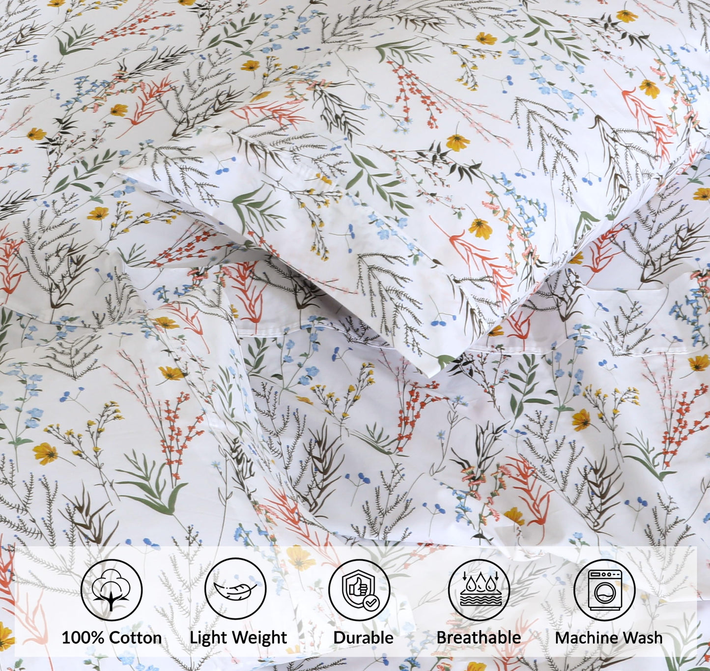 RUVANTI 100% Cotton Sheets – Queen Size Percale Bedding, Cooling & Breathable Floral Design, Durable with a Crisp, Soft & Comfortable Feel, 16" Deep Pocket, 4-Piece Set, Aroma