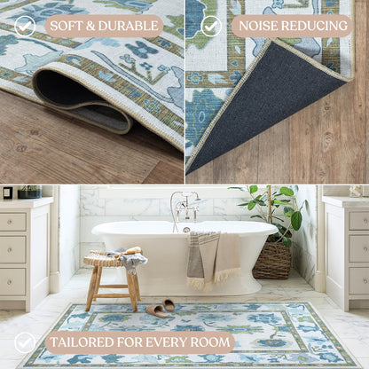 Fame Living Green Oushak Rug, Modern, Vintage, Turkish, Eclectic, Floral, Pastel, Washable, Area Rugs for Living Room, Dining, Bedroom, Nursery, Girls, Boys, 5'9"x8'9"