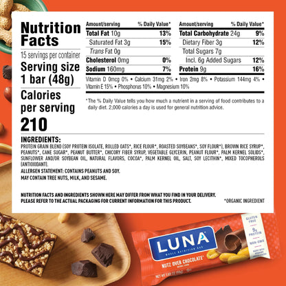 LUNA Bar - Nutz Over Chocolate Flavor - Gluten-Free - Non-GMO - 7-9g Protein - Made with Organic Oats - Low Glycemic - Whole Nutrition Snack Bars - 1.69 oz. (15 Count)