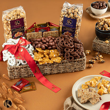 KREMERY Creamy Chocolate Cravings Easter Chocolate Covered Pretzels, Nuts, Candy & Caramel Popcorn (Deluxe, 3.5 lbs) Sweet Treats in Seagrass Tray with Ribbon Kosher