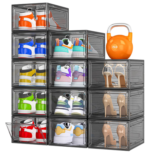 12 Pack Clear Shoe Storage Organizer with Magnetic Door, Stackable Plastic Shoe Boxes for Sneakers, Boots, and Heels, Space-Saving Foldable Shoe Rack for Closet, Durable Shoe Cabinet Organizer, Black