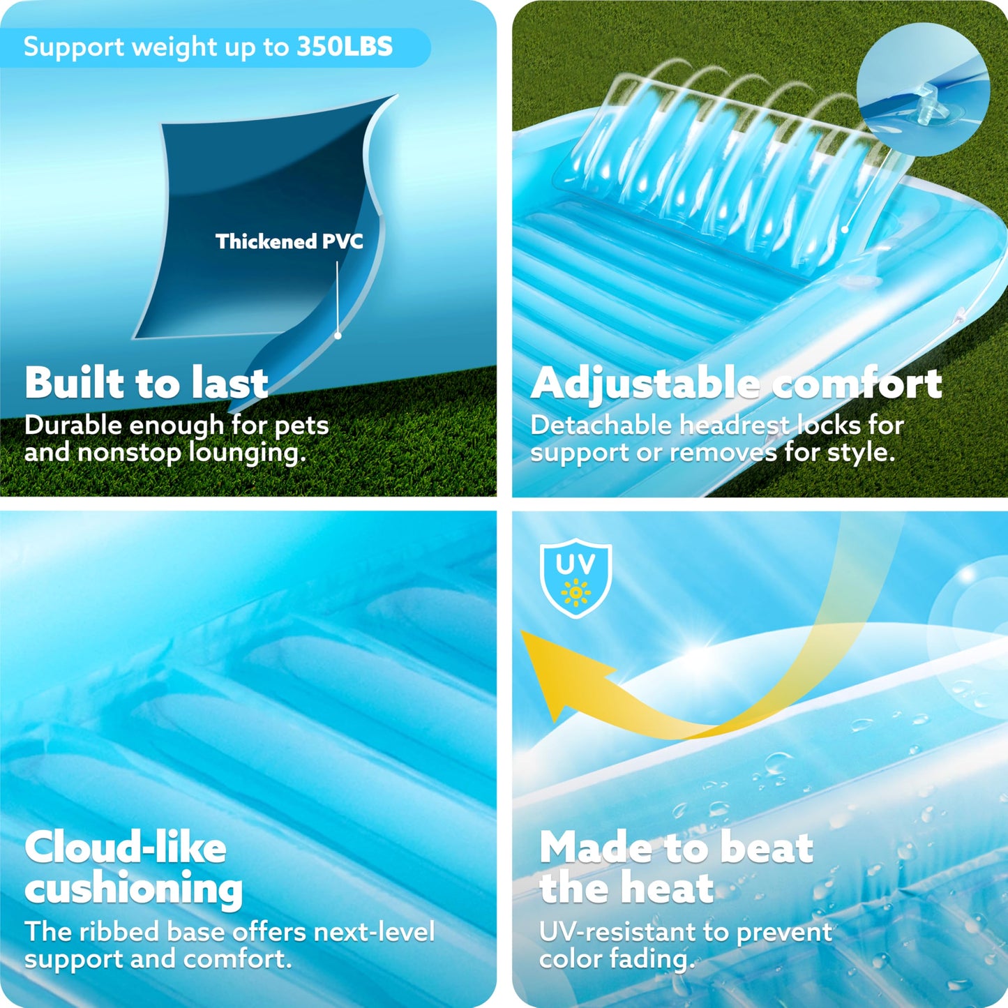 SLOOSH Inflatable Tanning Pool Lounger Float, 85" x 57" Extra Large Pool Floats Adult with Pillow, 4 in 1 Suntan Tub Raft Floatie,Sunbathing Bed Lounge for Water Blow Up Ball Pit Party Gifts, XL-Blue