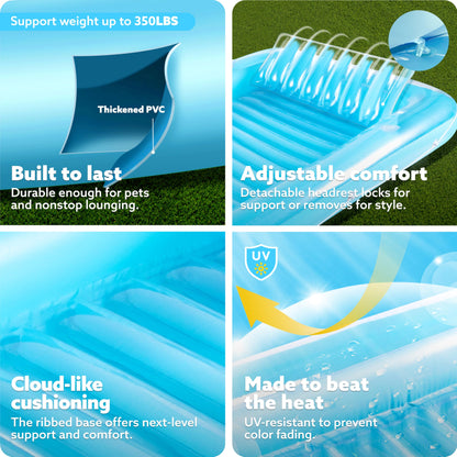 SLOOSH Inflatable Tanning Pool Lounger Float, 85" x 57" Extra Large Pool Floats Adult with Pillow, 4 in 1 Suntan Tub Raft Floatie,Sunbathing Bed Lounge for Water Blow Up Ball Pit Party Gifts, XL-Blue