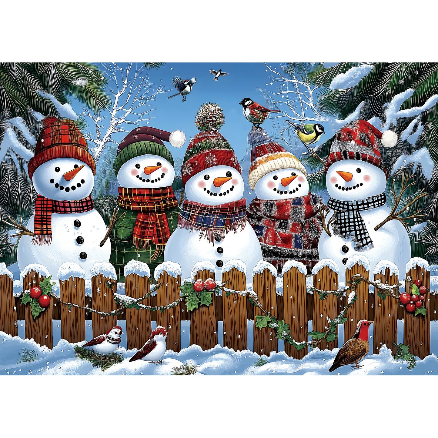 Winter Snowmen Christmas Jigsaw Puzzle 1000 Pieces for Adults Festive Holiday Scene with Birds & Snowy Fence Puzzle with Letters on Back Family Challenge Perfect for Game Night (27.6x19.7 Inch