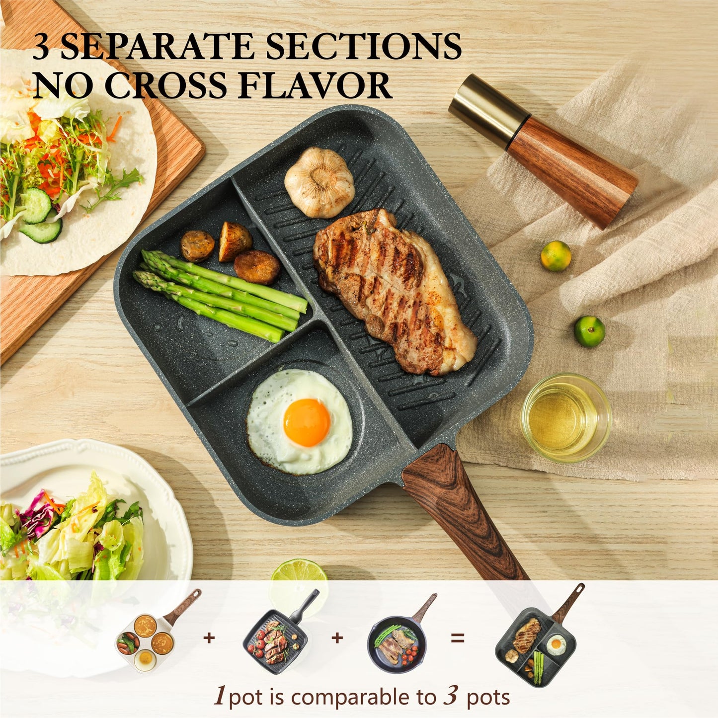 SENSARTE Nonstick Divided Grill Pan for Stove Tops, 3-Section Versatile Breakfast Grilling Pan, Durable Square Grill Skillet, Steak Griddle Pan, PFOA, PFOS, APEO Free, Induction Compatible, 9.5 Inch