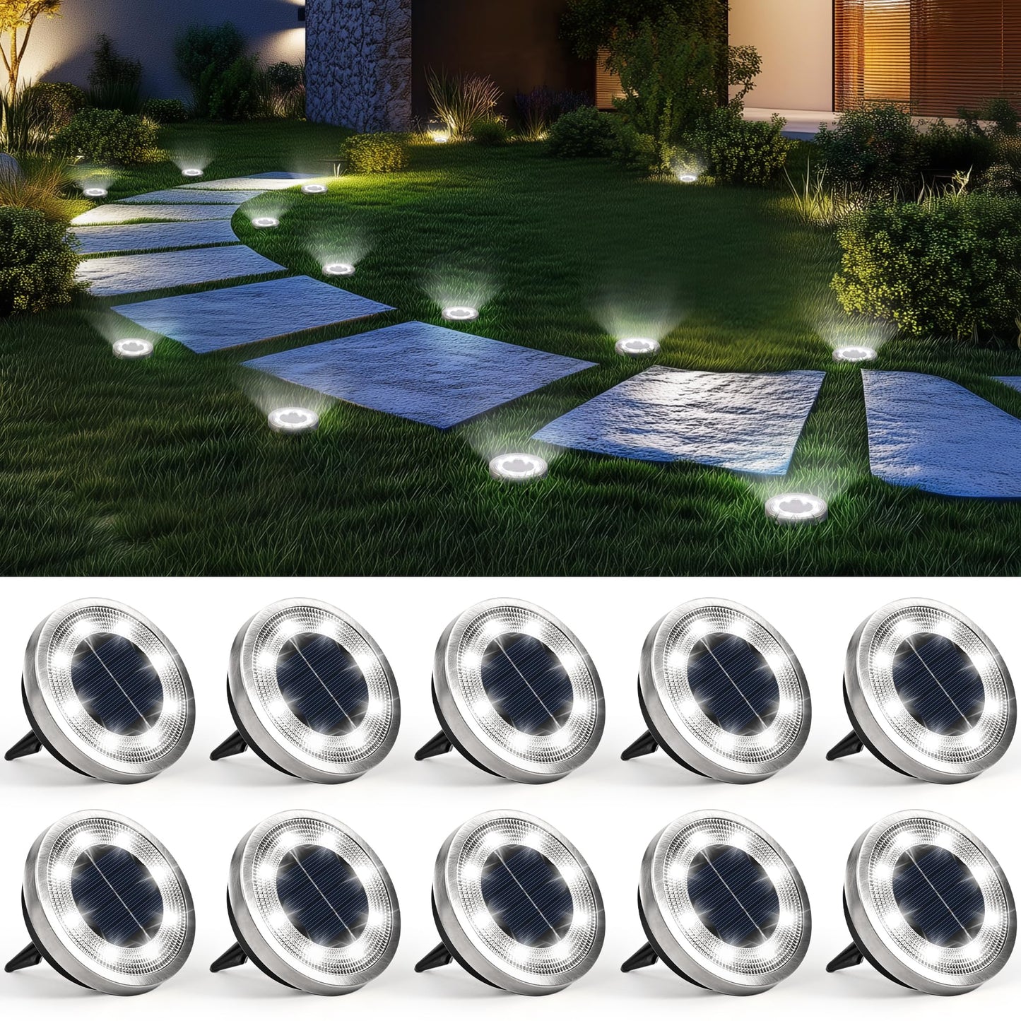 SOLPEX 10 Pack Solar Ground Lights Outdoor Waterproof, Solar Powered Pathway Lights, Landscape Lighting for Garden Walkway Driveway Backyard Decor (Cool White)
